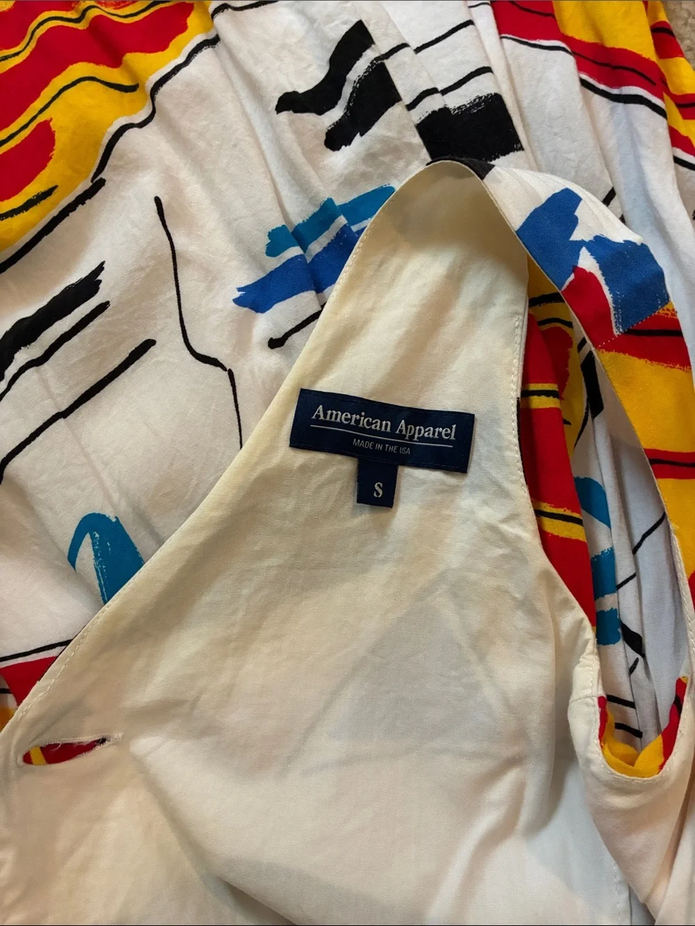 American Apparel White Tank Dress with Bold Red, Yellow, Blue & Black Print